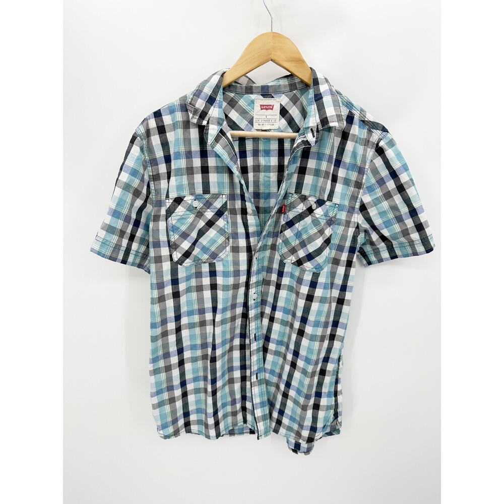 Levi's Blue Black White Short Sleeve Button Front Shirt Men's Size‎ Small S